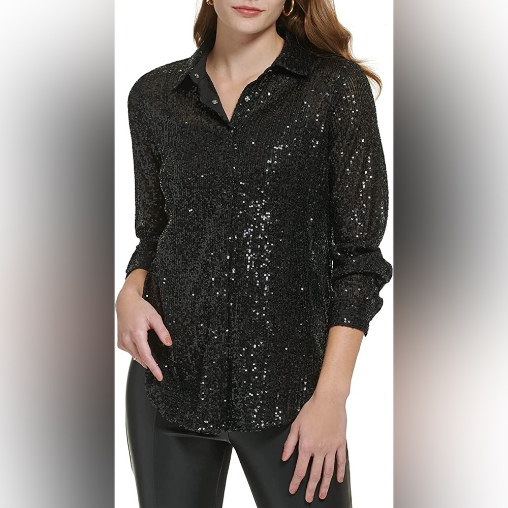 Calvin Klein Women's Sparkly Tunic Long Sleeve Sequin Mesh Oversize Blouse